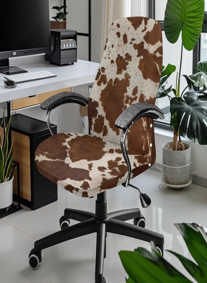 Wanyint Brown Beige Cow Print Office Chair Slipcover Universal Rotating Boss Chair Cover Dustproof Desk Chair Protector Stretchable Fabric Cover with Elatic Bottom, L - Image 2